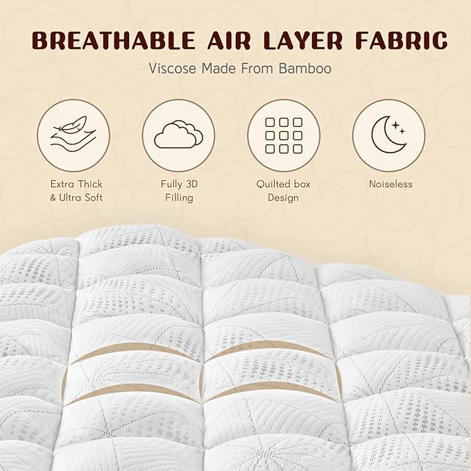Queen Size Mattress Topper, Thick Quilted Fitted Mattress Pad Cover Breathable Bamboo Viscose Cooling Mattress Protector with 6-18 Inch Deep Pocket, Machine Washable (60x80 inch, White)