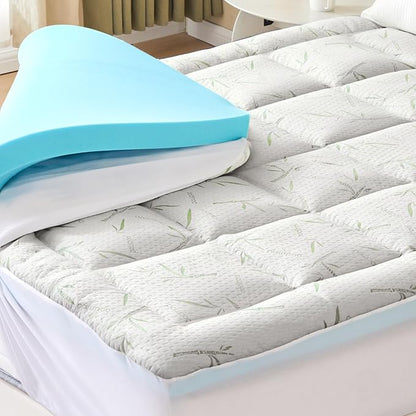 DUMOS Dual Layer Mattress Topper Queen Size, 2 Inch Gel Memory Foam + 1 Inch Soft Pillow Top Mattress Pad Cover for Back Pain, Breathable & Cooling Pad with Elastic Deep Pocket