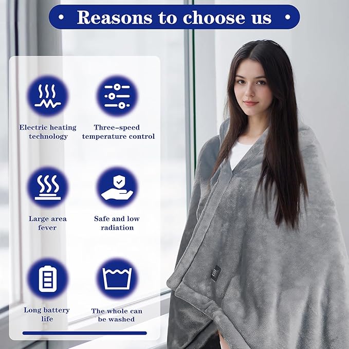 Cordless Heated Blanket with 10000mAh Power Bank, USB Battery Operated Electric Blanket, 3 Heat Settings, Portable Warm Throw for Home, Office, Outdoor-Grey