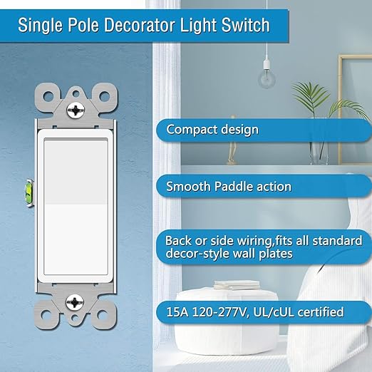 Greencycle Lights Switches Rocker,4Pack 15 Amp Single Pole Lights Switches White,SP Paddle Light Switch,120V-277V AC,On/Off Wall Switch,Residential/Commercial Grade,Home & Office,UL Listed