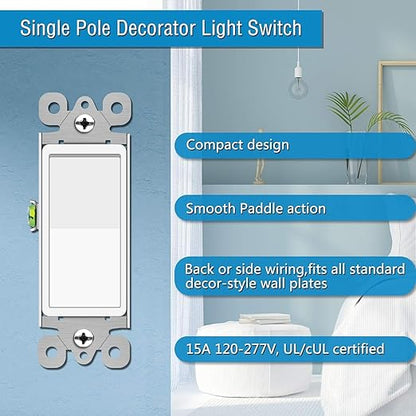GreenCycle Single Pole Switch White,24 Pack SP Rocker Light Switch 15A 120/277V, On/Off Rocker Paddle Interrupter, Residential/Commercial Grade,Home & Office,UL/CUL, White