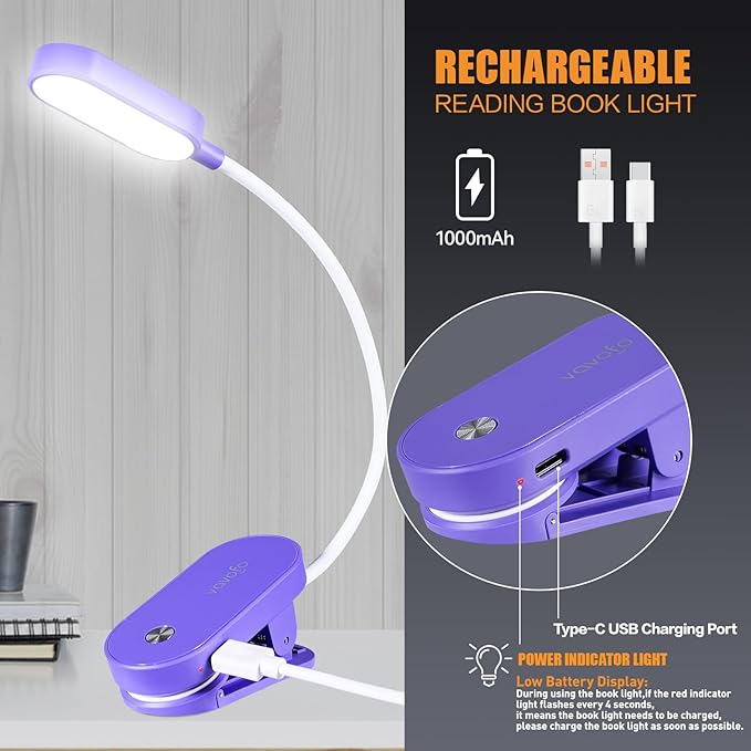 VAVOFO Rechargeable Book Light, 14 LEDs Eye Care Clip On Amber Reading Light for Bookworms Reading in Bed with 9 Colors 9 Brightness (Dark Purple)