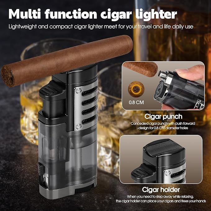 Cigar Humidor, Portable Travel Cigar Box, Double Cigar Humidor with Separate Storage for Cigar Accessories, Cigar Travel Case with Cigar Lighter(No Butane), Holds 5 Cigars (Carbon Fiber)