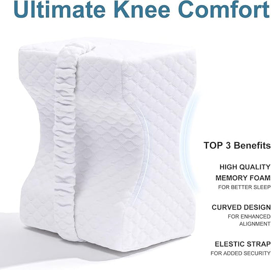 Knee Pillow for Side Sleepers, Leg Pillow for Sciatica, Back, HIPS, Knees, Joints Pain Relief,Pillows for Between Legs While Sleeping Spine Alignment Support & Relieves Pressure,Basic Strap,White