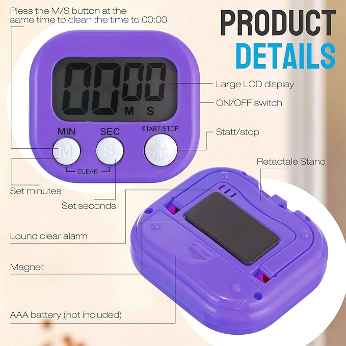 Leumoi 24 Packs Small Digital Kitchen Timer with lanyards Magnetic Back and Switch Minute Second Count up Countdown Big LCD Display Loud Alarm for Teacher Cooking Baking, Colorful