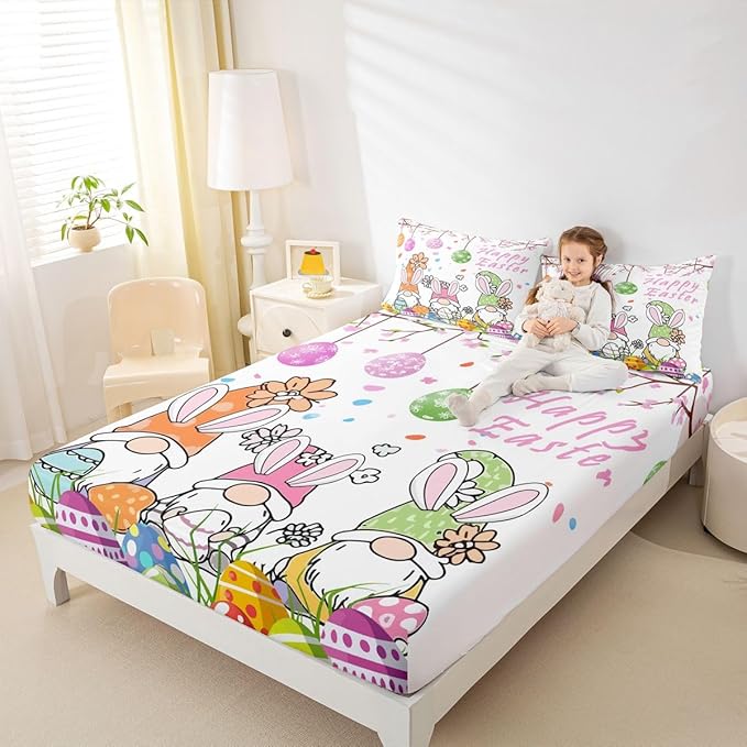 Cute Gnome Fitted Sheet Queen Size Happy Easter Eggs Flowers Bedding Set for Kids Bedroom Cartoon Floral Spring Bed Sheet Set 3pcs White Colorful Deep Pocket Mattress Cover,No Top Flat