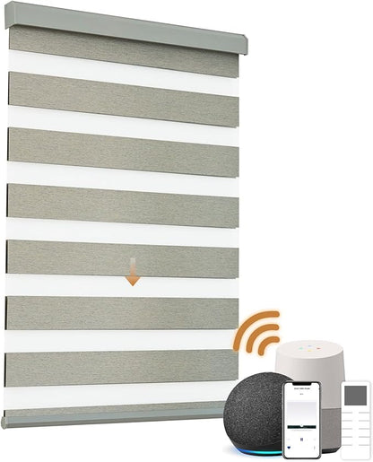 Motorized Zebra Blinds, Cordless Blackout Window Shades with Remote, Custom Dual Layer Smart Roller Shades Compatible with Alexa Google Assistant, Automatic Light Filtering Blinds,Warm Grey