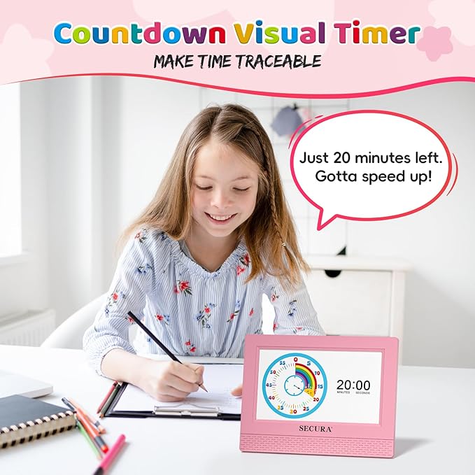 Secura TimeTact Reminder for Kids, 7" LED Talking Alarm Clock with Countdown Visual Timer, 17 Daily Reminders & 5 Custom Alarms Habit Reminder and Scheduler (Pink)