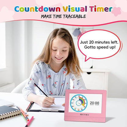 Secura TimeTact Reminder for Kids, 7" LED Talking Alarm Clock with Countdown Visual Timer, 17 Daily Reminders & 5 Custom Alarms Habit Reminder and Scheduler (Pink)