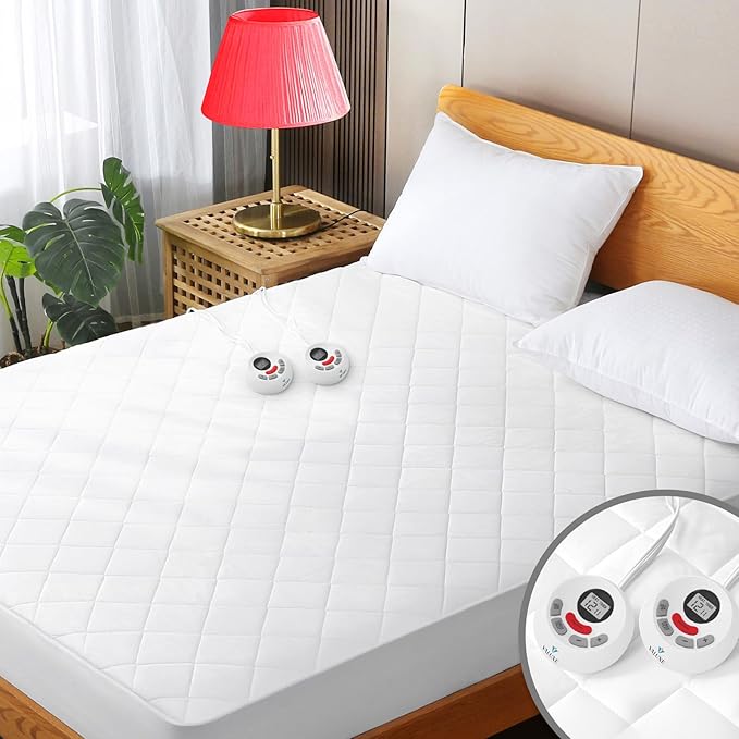 Heated Mattress Pad California King Quilted Zone Heating Electric Bed Warmer Comfort Heat Mattress Pad Cover Dual Controller（10 Heat Setting | 1-12 Hours Auto Shut Off | with 8-21 Inch Deep Pocket）