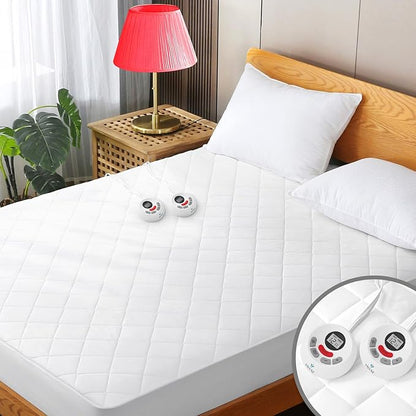 Heated Mattress Pad Queen Size Quilted Zone Heating Electric Bed Warmer Luxury Comfort Heat Mattress Pad Cover Dual Controller（10 Heat Setting | 1-12 Hours Auto Shut Off | with 8-21 Inch Deep Pocket）