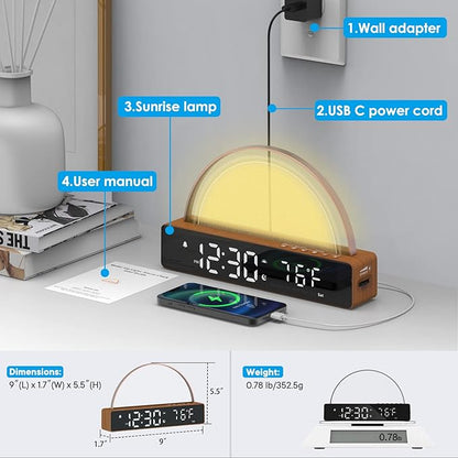 Sunrise Alarm Clock, Wake Up Light Dawn Simulator, Bedside Lamp Color Night Light with USB Charger, Sleep Aid, Loud Sunlight Alarm Clock for Heavy Sleepers Adults, Gift for Kids Teens Boys Girls