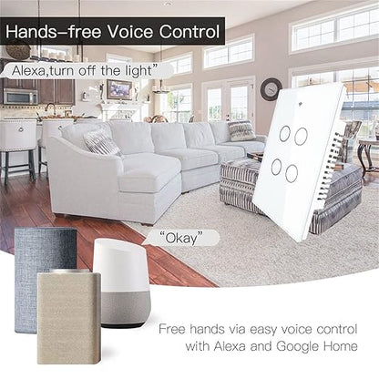 MOES Touch Wall Single Live Wire Smart Switch, No Neutral Wire Needed, 2.4GHz WiFi RF433 Light Switch Works with Smart Life/Tuya App, Alexa and Google Home, Single Pole 110V, White 4 Gang