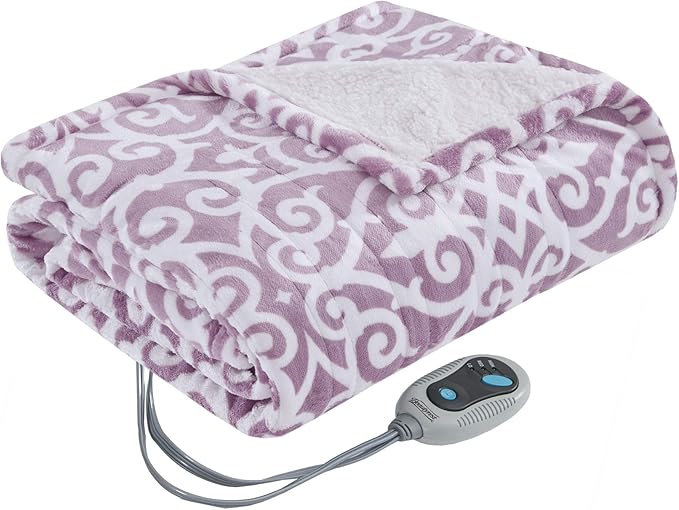 Beautyrest Wearable Electric Poncho Wrap Blanket, Ultra Soft Sherpa & Berber Fleece Heated Throw,UL Certified & OEKO-TEX,3 Heat Settings & 2 Hour Auto Shutoff, Gift-Ready, 50" x 64", Lavender Lattice