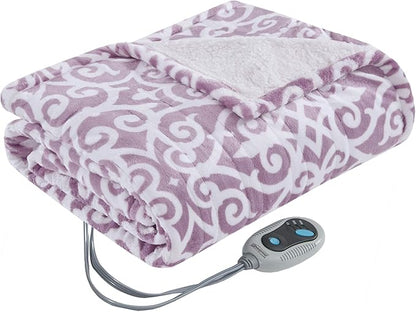 Beautyrest Wearable Electric Poncho Wrap Blanket, Ultra Soft Sherpa & Berber Fleece Heated Throw,UL Certified & OEKO-TEX,3 Heat Settings & 2 Hour Auto Shutoff, Gift-Ready, 50" x 64", Lavender Lattice