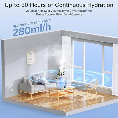 Humidifiers for Bedroom, 3L Tank for 30H 20dB Quiet Mist Time, Dual Nozzles, LED Lights, Smart Timer (2/4/8 Hours), Auto Shut-Off, Perfect for Baby and Large Rooms (White)