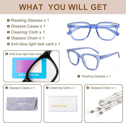 Reading Glasses for Men Women Blue Light Blocking with Spring Hinge, Blocking Readers Anti UV Ray Filter Eyeglasses, Square Computer Reader Glasses, Blue, +2.0