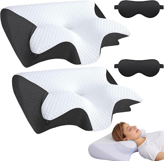 Pillow for Sleep Apnea, Cervical Neck Traction Pillow, 2-in-1 Orthopedic Memory Foam Pillows for Neck Pain Relief, for All Sleeping Positions, Breathable and Not Stuffy (2Pc * Black)