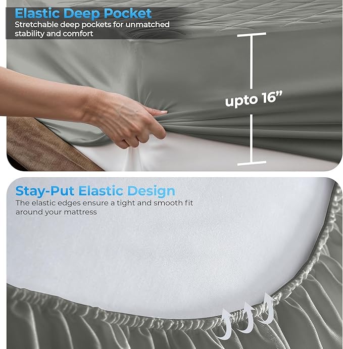 LUX Décor King Mattress Pad - Quilted Elastic Fitted Mattress Cover Protector Upto 16 Inches Deep Pocket - Soft Breathable Noiseless Mattress Topper (Grey “78 X 80”)