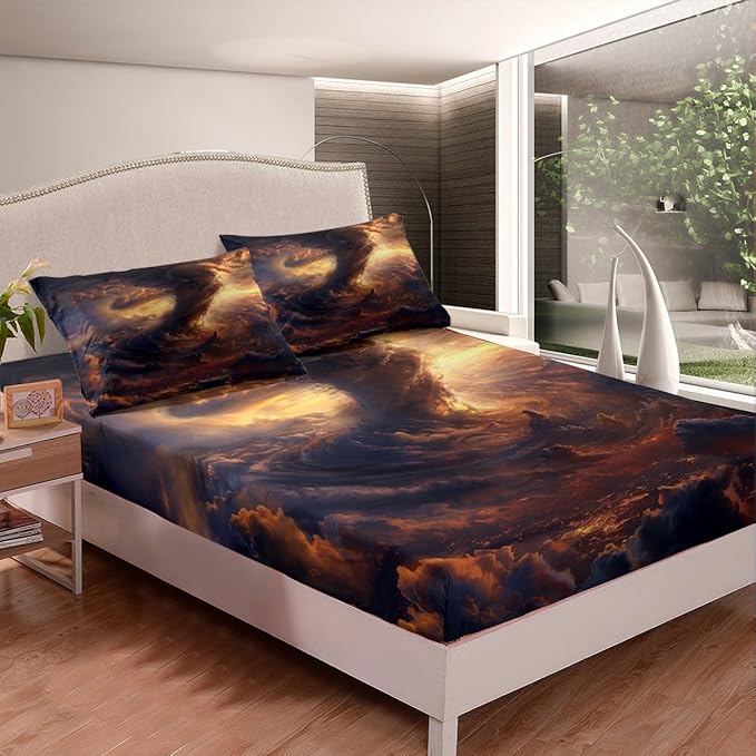 Tornado Bedding Set Twin Size Natural Disaster Scene 3D Print Bed Set for Teens Kids Sheet Microfiber Sunset Sky Clouds Tornado View Bed Cover(1 Fitted Sheet+1 Pillow Case)