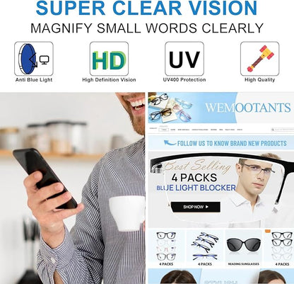 4PCS Stylish Anti-Blue-Light Reading Glasses Men Women Computer Readers Lightweight Blue Blockers 2.0X 1.0 1.25 1.5 1.75 2.0 2.25 2.5 2.75 3.0 3.5 4.0