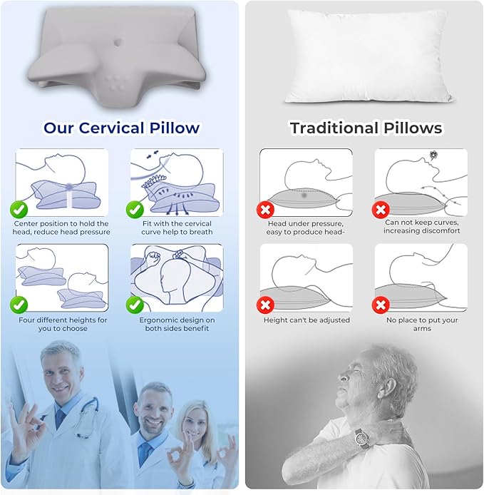Cervical Pillow for Neck Pain Relief, Cooling Contour Memory Foam Pillows Support Odorless Ergonomic Neck Pillow Adjustable Orthopedic Bed Pillow for Side Back Stomach Sleeper,1 Pack (Grey)