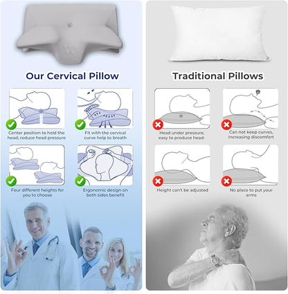 Cervical Pillow for Neck Pain Relief, Cooling Contour Memory Foam Pillows Support Odorless Ergonomic Neck Pillow Adjustable Orthopedic Bed Pillow for Side Back Stomach Sleeper,1 Pack (Grey)