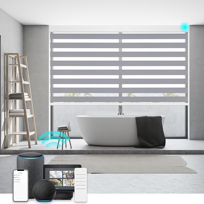 Changshade Blackout Motorized Smart Zebra Blinds with Remote Control for Indoor Windows Doors, Custom Zebra Roller Shades Electric Automatic Work with Alexa, Goole Home, Apple Homekit, Dark Grey