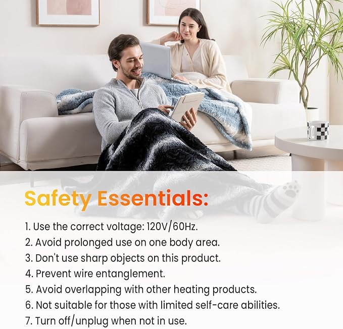 WOOMER Heated Blanket Throw 50" x 60", Electric Blanket Throw with 4 Heating Levels & 4H Auto Off, ETL Certified, Blue White Flowers Patterns Faux Fur & Sherpa, Machine Washable