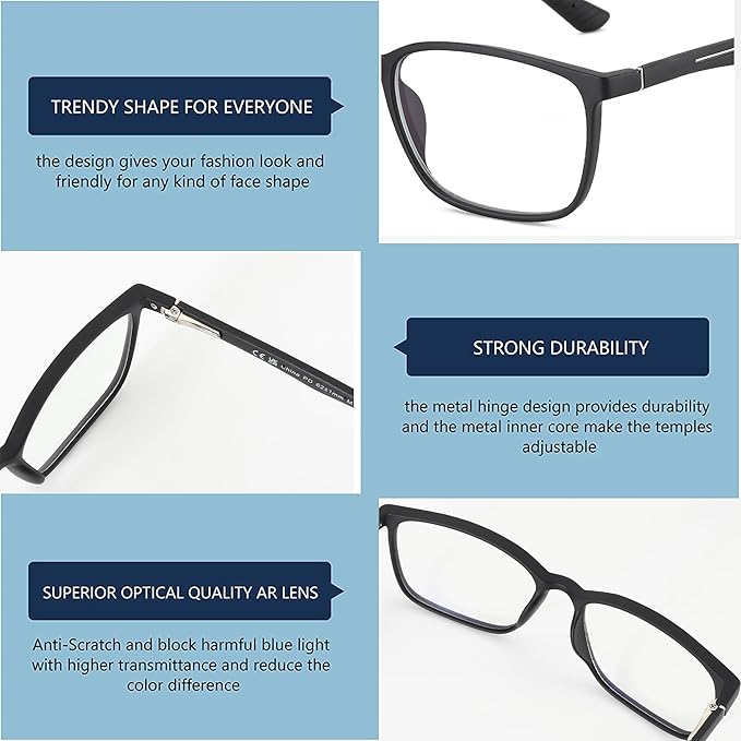 BLUEMOKY Blue Light Reading Glasses for Men，Sport Square Frame Readers, Anti Glare Computer Glasses