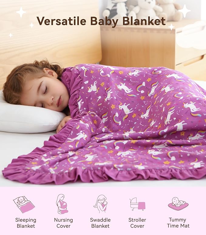 Premium Baby Blankets, Soft Viscose from Bamboo Blanket for Girls, Nursery Crib Bedding Quilt for Newborn and Toddler, Ruffle Blanket Cooling for Hot Sleepers 50''x50'' Purple Unicorn