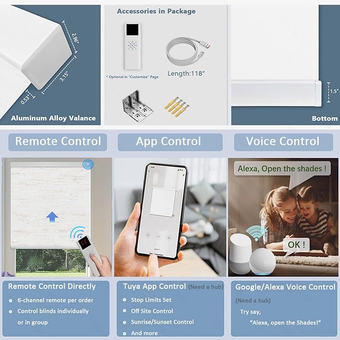 Motorized Blinds with Remote Cordless Automatic Motorized Shades Custom Blinds for Windows Smart Curtains Compatible with Alexa Google Home(Blackout Linen Sandy Beach,W34 x H72in)