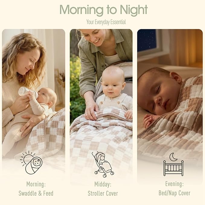 Ultra Soft Muslin Baby Blanket,A Versatile Swaddle and Bed Blanket for Babies, Toddlers, Boys, and Girls (1 Coffee Checkered 1 Pack).