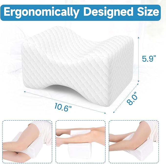 Memory Foam Knee Pillow for Side Sleepers, Support Leg Pillow for Side Sleeping, Smooth Spine Alignment Pillow, Cushion for Hip, Back, Sciatica, Knee, Joints Pain Relief, White