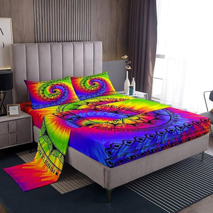 Watercolor Peace Sign Sheet Set Full Size Tie-Dye Rainbow Bed Sheet Set 4pcs with Deep Pocket Fitted Sheet + Flat Sheet + 2 Pillowcases Boho Exotic Style Soft Bedding Set for Kids Teens Room Decor