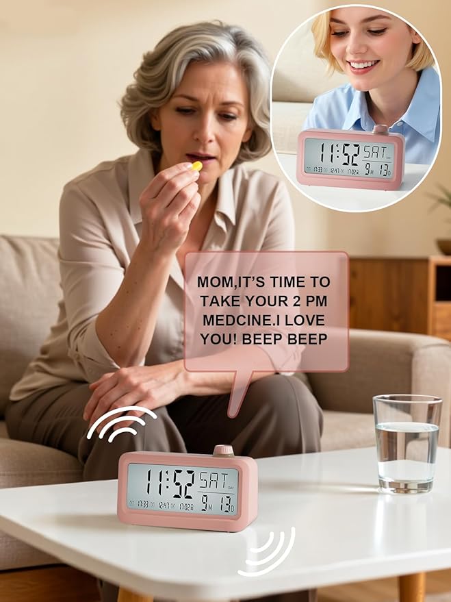 Medication Pill Reminder, RechargeableTalking Alarm Clock with 3 Custom Voice RecordingAlarms, Touch-to-Talk, a Digital Alarm (Clocks Gift forMom/Dad/Seniors/Elderly(Pink)
