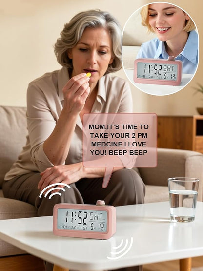 Medication Pill Reminder, RechargeableTalking Alarm Clock with 3 Custom Voice RecordingAlarms, Touch-to-Talk, a Digital Alarm (Clocks Gift forMom/Dad/Seniors/Elderly(Pink)