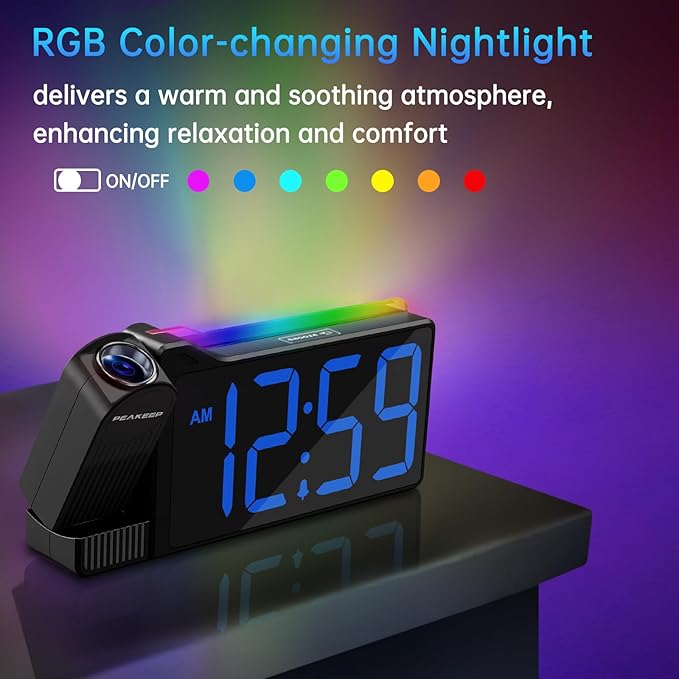 Peakeep Projection Alarm Clock for Bedroom Ceiling 180° Rotatable, Loud for Heavy Sleepers, Colorful Nightlight, 5 Brightness Dimmable Large Number Bedside Electric LED Digital Clock with USB Port