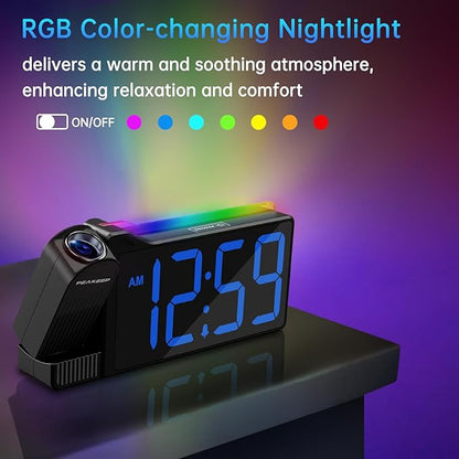 Peakeep Projection Alarm Clock for Bedroom Ceiling 180° Rotatable, Loud for Heavy Sleepers, Colorful Nightlight, 5 Brightness Dimmable Large Number Bedside Electric LED Digital Clock with USB Port