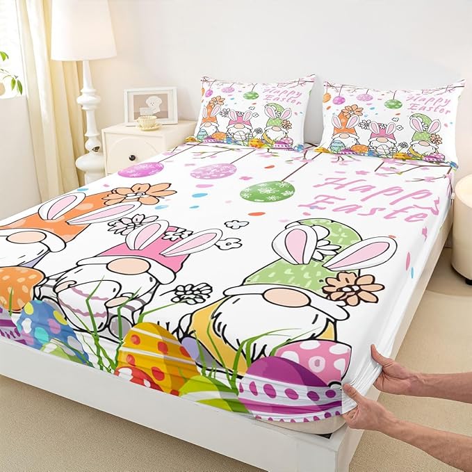 Cute Gnome Fitted Sheet Queen Size Happy Easter Eggs Flowers Bedding Set for Kids Bedroom Cartoon Floral Spring Bed Sheet Set 3pcs White Colorful Deep Pocket Mattress Cover,No Top Flat