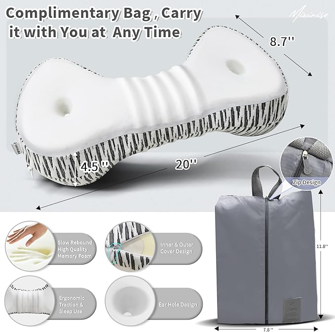 Neck Support Pillow, Cervical Neck Roll Memory Foam Pillow, Cervical Traction Device, Neck Pillow for Side Sleepers, Camping & Travel Pillow with Portable Bag