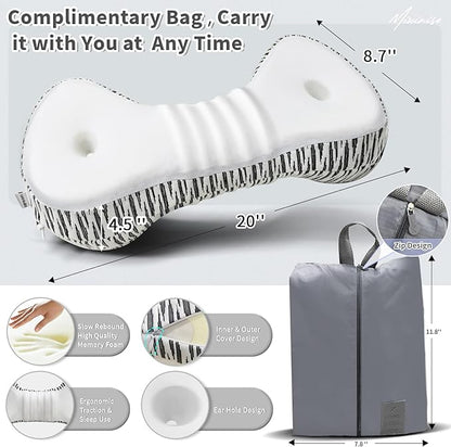 Neck Support Pillow, Cervical Neck Roll Memory Foam Pillow, Cervical Traction Device, Neck Pillow for Side Sleepers, Camping & Travel Pillow with Portable Bag
