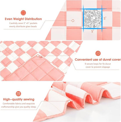 Pink Checkered Weighted Blanket for Adults 20lbs, 88"x104" King Size, Cooling Heavy Blanket for 130-220lbs with Premium Glass Beads, Soft Thick Big Blankets for All-Season Sleeping Comfort Breathable