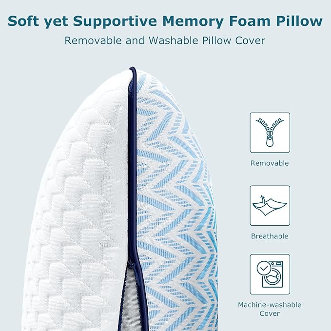 Gel Memory Foam Pillows Standard Size Set of 2, Medium Firm Orthopedic Pillow for Neck, Shoulder Pain Relief, Cooling Support for Side, Back, Stomach Sleepers, Breathable Washable Cover