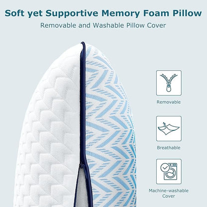 Gel Memory Foam Pillows Standard Size Set of 2, Medium Firm Orthopedic Pillow for Neck, Shoulder Pain Relief, Cooling Support for Side, Back, Stomach Sleepers, Breathable Washable Cover