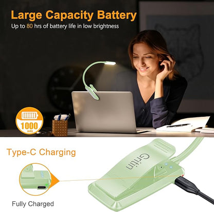 Gritin 9 LED Rechargeable Book Light for Reading in Bed - Eye Caring 3 Color Temperatures,Stepless Dimming Brightness,80 Hrs Runtime Small Lightweight Clip On Book Reading Light -Cyan