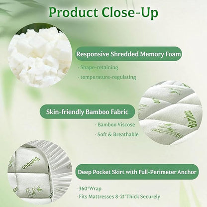 Bamboo Mattress Topper Full Size with Deep Pocket 1700 GSM Fill Cooling Shredded Memory Foam Mattress Pad Rayon Derived from Bamboo, Ideal for Side Sleepers, Back Pain, Hot Sleepers