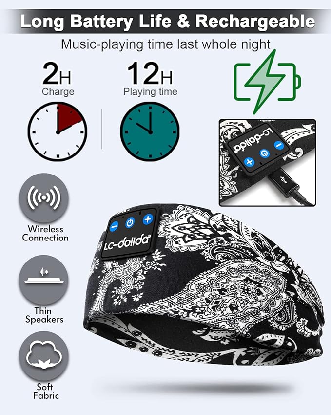 LC-dolida Sleep Headphones Bluetooth Headband Music Headband Wireless Band Headband Headphones with Thin HD Stereo Speakers Perfect for Side Sleepers, Sport, Yoga, Travel