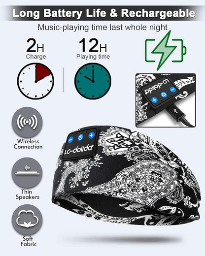 LC-dolida Sleep Headphones Bluetooth Headband Music Headband Wireless Band Headband Headphones with Thin HD Stereo Speakers Perfect for Side Sleepers, Sport, Yoga, Travel