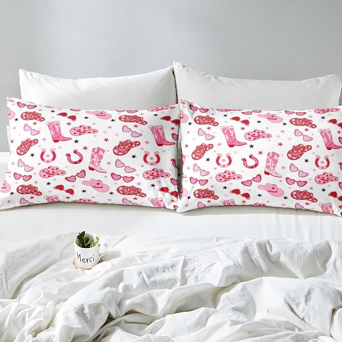 Western Cowgirl Fitted Sheet,Tribal Texas Stars Horseshoe Boots Hats Sheet Set for Adults Ultra Soft Room Gift,Princess Girly Red Pink Starry Bedding Set with 2 Pillowcases,Queen Size
